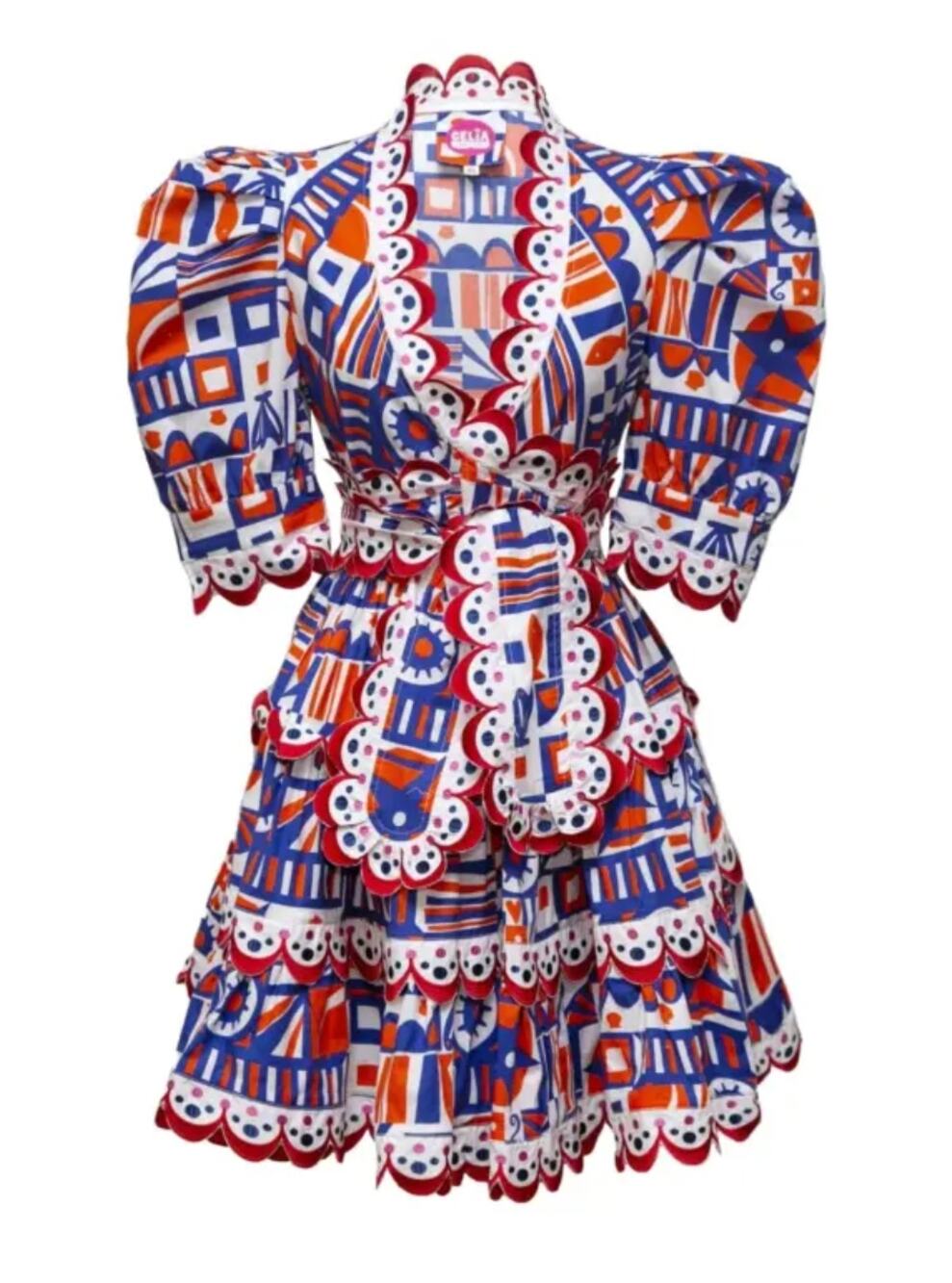 Celia B Tuckernuck Celeste Red White Blue Scalloped Mini Wrap Puff Sleeve Dress